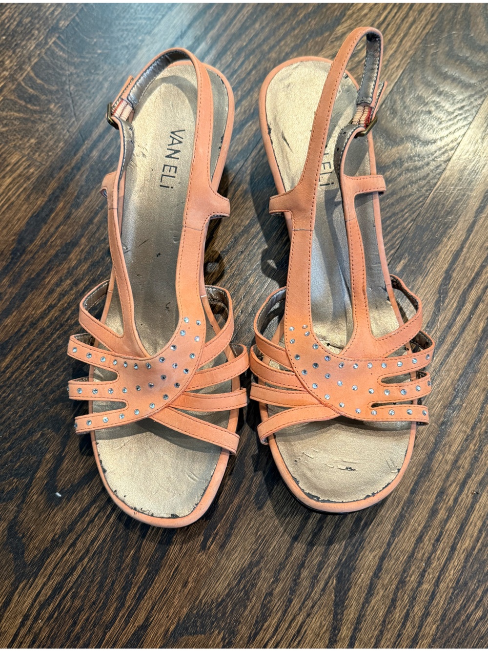 Van Eli Coral Orange T-Strap Rhinestone Sandals